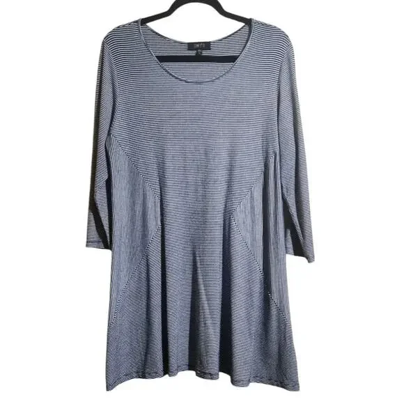 COMFY USA Stretch Striped Navy Blue White Casual Tee Dress Large Artsy Relaxed - Picture 2 of 9